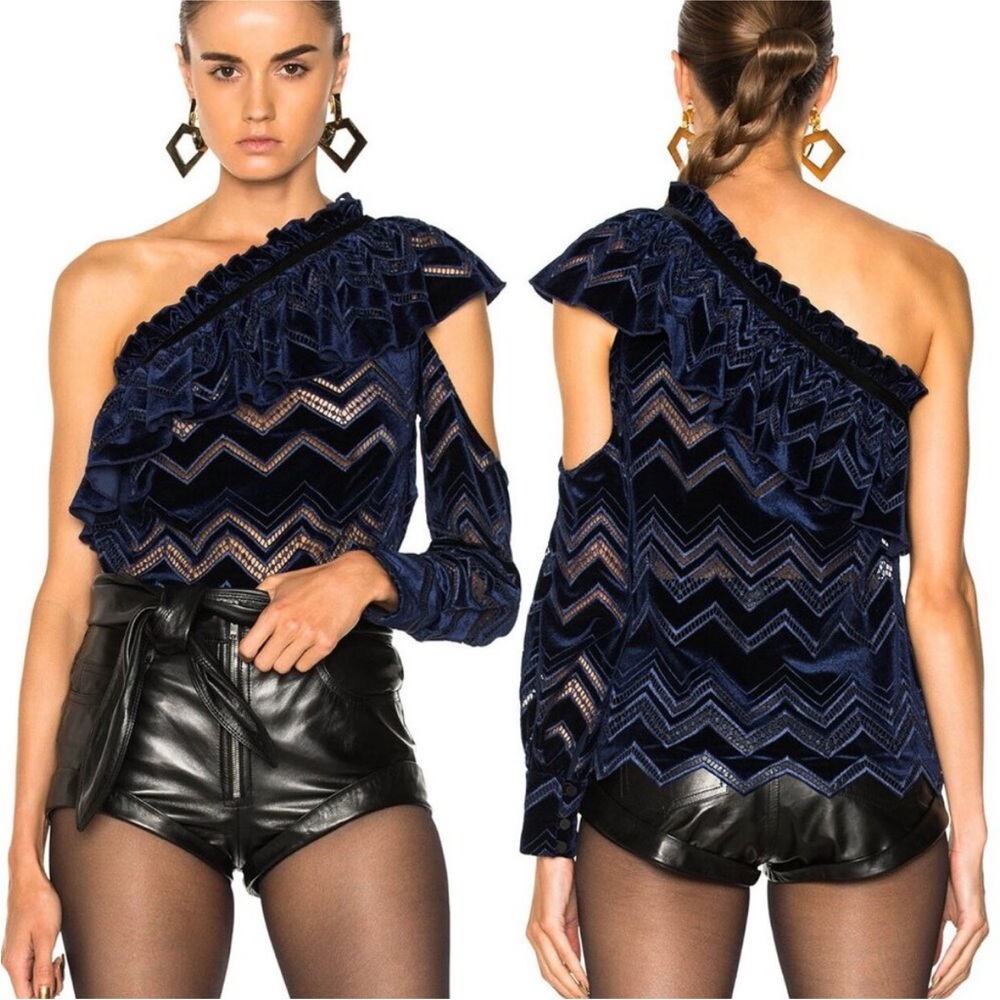 Self Portrait Zig Zag Embroidered Velvet Navy One Shoulder Top Chevron